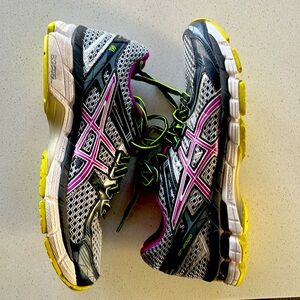 ASICS gel sneakers size 7.5, silver black pink and yellow neon
